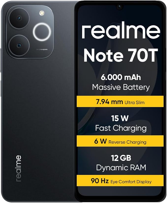 realme Note 70T Smartphone 4+256 GB, Batteria da 6.000 mAh, Ricarica rapida da 15 W con carica inversa da 6 W, 24 GB di RAM dinamica, Display con comfort visivo da 90 Hz, nero