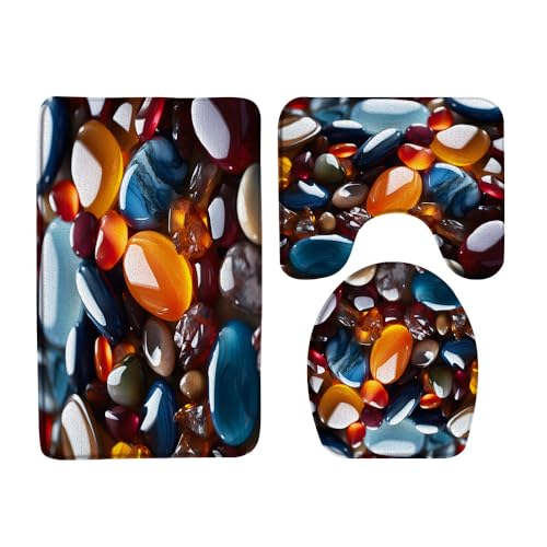 WUASDCS 3PCS Colorful Stones Bath Mat Set Pebbles Rock in The River Peaceful Place Natural Bathroom Kitchen Floor Mat Doormat,Toilet Lid Cover and Bath Mat Microfiber Home Decoration Rug