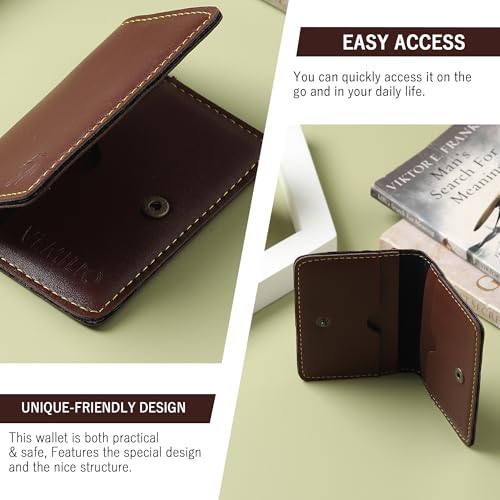 Image of VEMILIO Vegan Leather Card Holder Wallet for Men & Women | Slim Bi-Fold Design | RFID Protected | Button Closure | 3-4 Card Slots | Durable & Travel-Friendly (Brown)