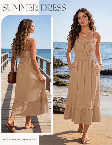 Image of GRACE KARIN Women's Summer Maxi Dress 2026,Smocked Ruched Bust Sundress with Adjustable Straps & Pockets-Beach Vacation Dress