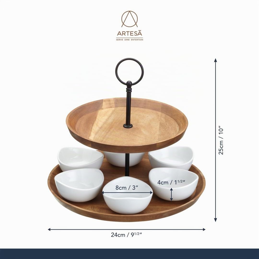 Artesà 2-stöckige Tapas- und Speisenständer, Speisenständer mit 6 Mini-Porzellanschalen, Kuchenständer aus Holz und Handarbeit in Geschenkbox, 24 x 25 cm, Braun & Schwarz
