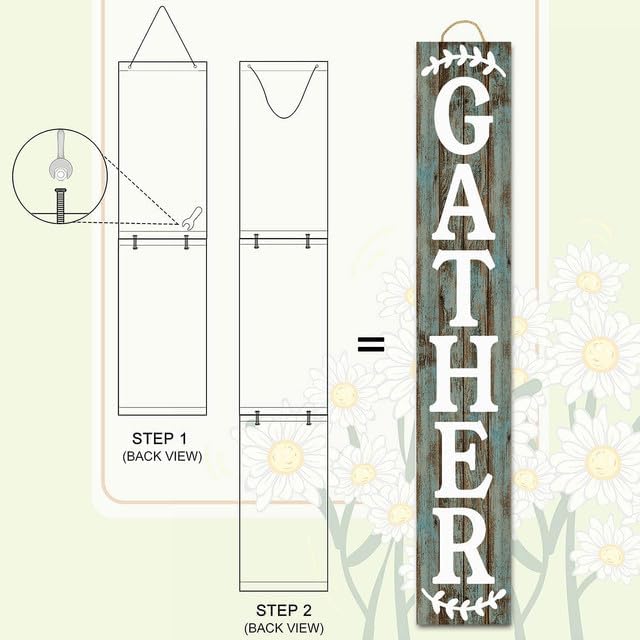 Gather Wall Decor 8"x48" Vertical Wooden Hanging Porch Sign for Front Door, Rustic Wooden Holiday Decor for Home Wall Farmhouse Indoor Outdoor