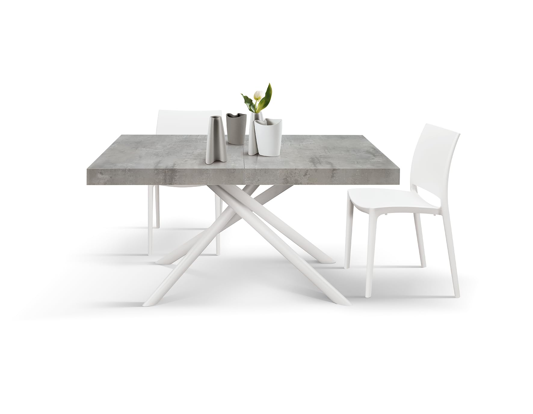 PAZZO DESIGN Table extensible Elise, pieds tubulaires croisés Menego blancs, fabriquée en Italie, couleur gris ciment, 160 x 90 x 74 - Id_2260
