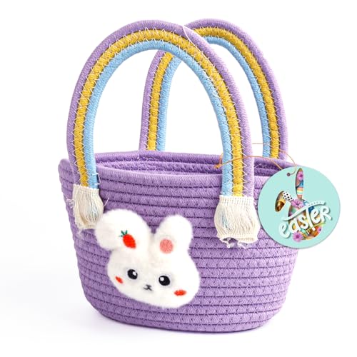 Image of Exun Bunny Baskets for Kids, Cute Cotton Tote Bag Hand-Woven Handbag with Rainbow Handles, Easter Egg Hunt Basket Bags for Boys, Girls, Toddler, Babies, Easter gift basket Personalized (Purple)