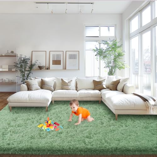 Area Rugs 9x12 Living Room, Green Large Fluffy Rugs for Bedroom, Soft Carpet Shag Kids Room Rug, Non-Slip Fuzzy Rugs Indoor (9ft x 12ft, Green)