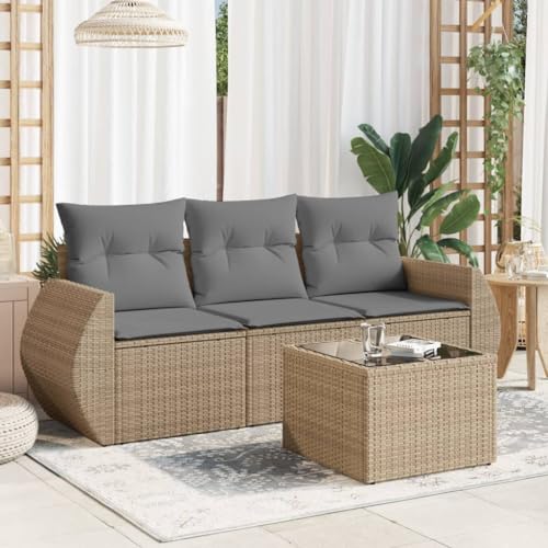 Juego de sofás jardín con cojines 4 pzas ratán sintético beige,Conjunto de Sofás de Jardín de Ratán Sintético con Mesa de Vidrio y Cojines Acolchados para Patios Conjuntos de Muebles de Jardín