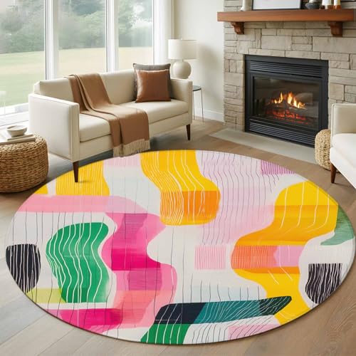 Abstract Geometric Round Area Rug 6Ft Washable Circle Rugs for