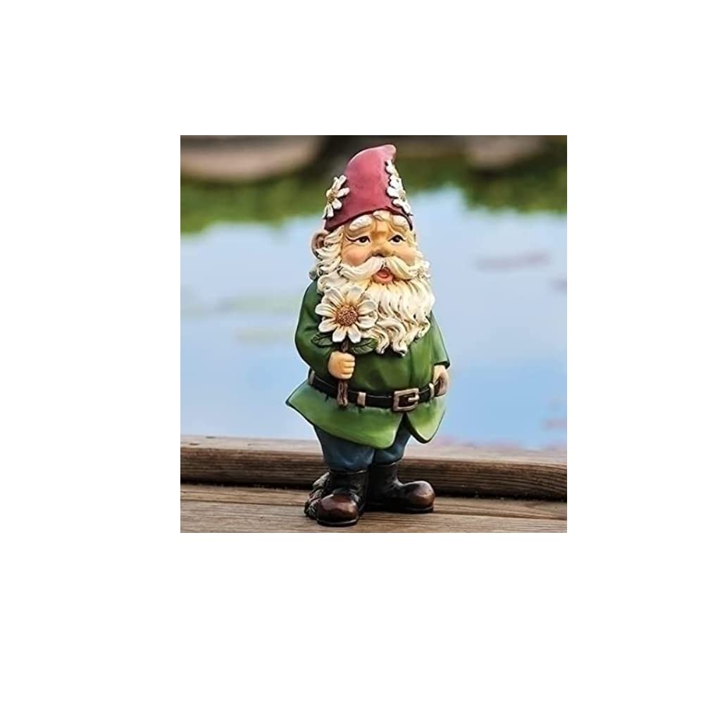 Giftware by Roman Inc., 12.25" H GNOME with Daisy Statue, Garden Collection, Outdoor Statue, Memorial, Resin Stone, Adorable Frogs and Flowers, Garden Décor (12x4x5)