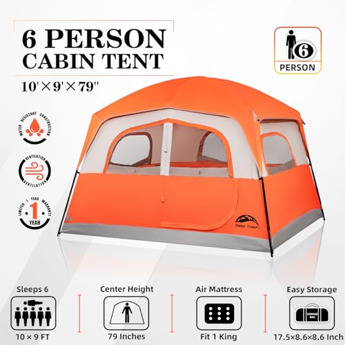 Happy Travel Tent 6 Person Tents for Camping, Waterproof Easy Setup Camping Tent with Rainfly, Portable Large Family Cabin Tent with 5 Large Mesh Windows and Carry Bag for Outdoor Camping & Hiking - Image 2