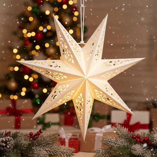 BESPORTBLE Papierstern Lampenschirm Aushöhlen Sterne Papier Weiß Faltsterne 45cm Hängeleuchtenschirm Hochzeit Geburtstag Weihnachten Party Festival Hängende Weihnachtsdekoration Stil B