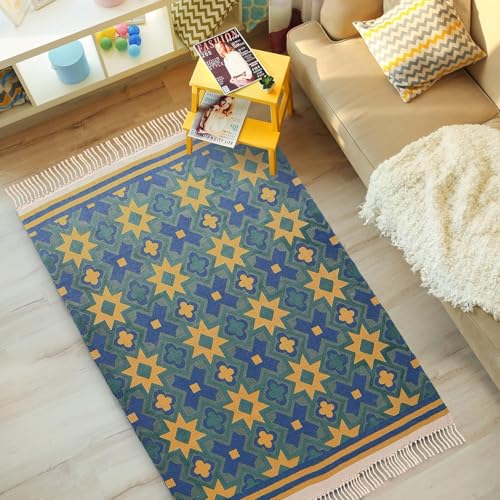 Image of SAGON 2x5 Ft Printed Runner Carpet - Cotton Bedside Rug for Bedroom & Living Room (Royal Mosaic)