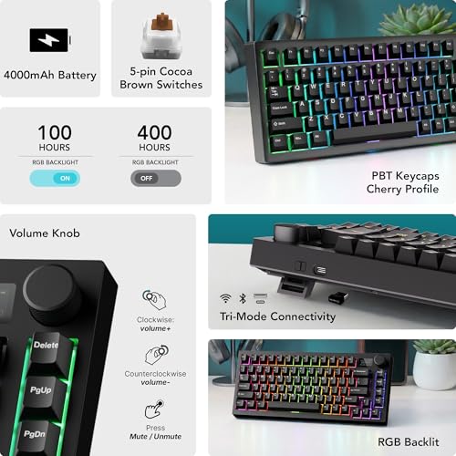 Image of TECWARE Spectre 75 Mechanical Gaming Keyboard | Customizable LCD Screen Display & Knob | Tri-Mode Wireless Bluetooth 2.4GHz | Gasket Mount Hot Swappable | Black Cocoa Brown Tactile Switches