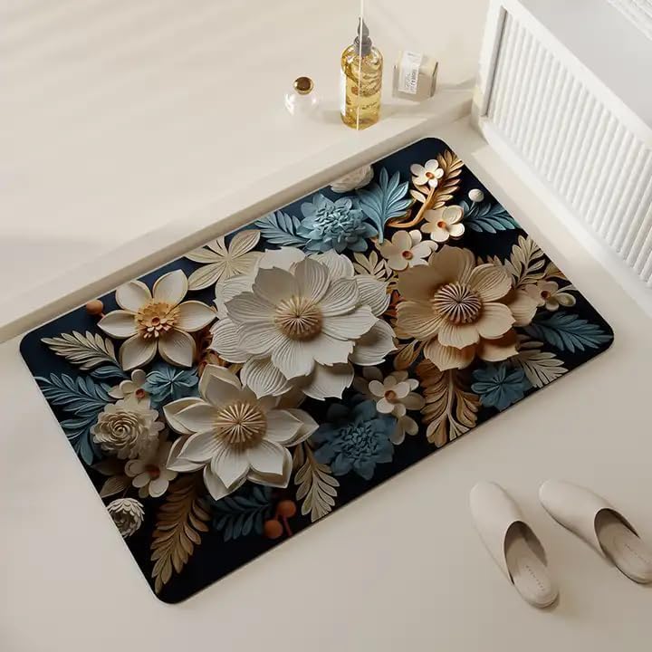 Image of Printed Bathroom Mat & Door Mat - Anti-Slip Soft Velvet Floor Rug with 3D Flower Design, Absorbent & Washable - for Home, Bedroom, Living Room, Entrance - Multicolor