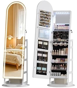 LVSOMT LED Schmuckschrank mit Bogen Spiegel, Spiegel Schmuckschrank Stehend, 360° Drehbar Schmuckspiegel Abschließbar, Gewölbter Ganzkörperspiegel mit 3 Farben Licht und Einstellbare Helligkeit, Weiß