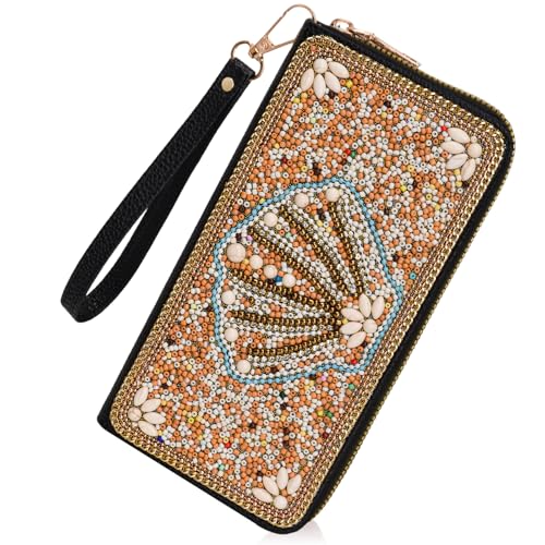 Ayuoejik Beaded Wristlet Wallet for Women Clutch Purse Card Holder with Large Capacity Portable Travel Wallet with Handcrafted Beads (Crown)