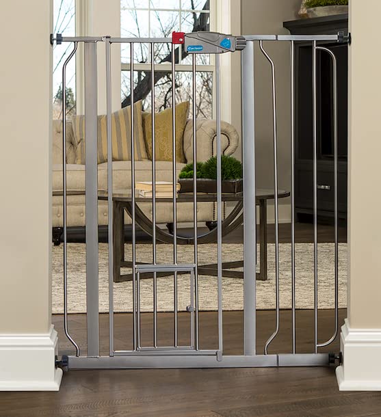 Review Discount Carlson Extra Tall Walk Through Pet Gate with Small Pet Door, Includes 4-Inch Extension Kit, 4 Pack Pressure Mount Kit and 4 Pack Wall Mount Kit, Platinum
