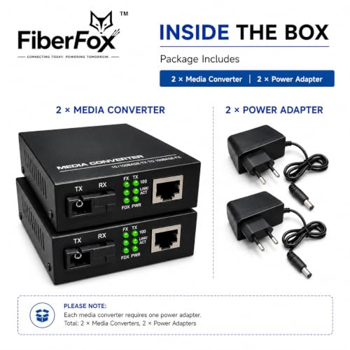 Image of FiberFox Single Fiber Media Converter Pair 10 /100Mbps | HTB-3100A & HTB-3100B | SC BiDi Single Mode 25KM | RJ45 Ethernet to Fiber Converter | 100Base-FX to 10 /100Base-TX | Includes 2 Power Adapters