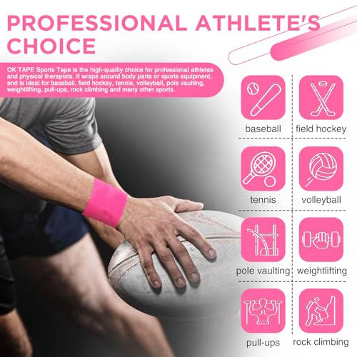 Image of OK TAPE Athletic Sports Tape(4 Packs) Pink- 32.8ft Per Roll Athletic Tape for Injuries,Strong Stick No Residue Athlete & Sport Trainers First Aid Injury Wrap, Hockey Stick