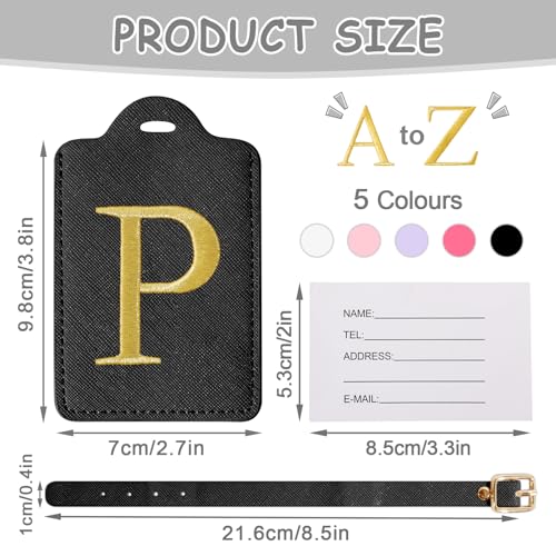 Image of Initial Letter Luggage Tags for Suitcases, Personalized Embroidered Letter Luggage Bag Suitcase Identifier Name Tag, Cute PU Leather Travel Luggage Tags, Bag Tags for Luggage Handbags(Black P)