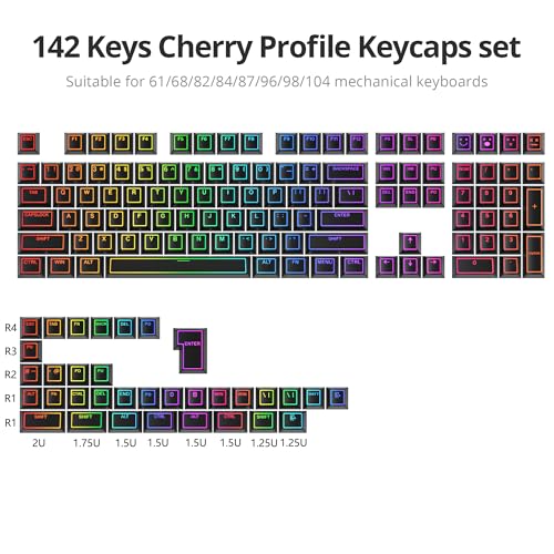 Image of Guffercty kred 142 Key Black Cherry Profile Keycap Set, PBT Shine Through Translucent Characters Compatible with MX Switches Mechanical Keyboard(Ray Edge Black)