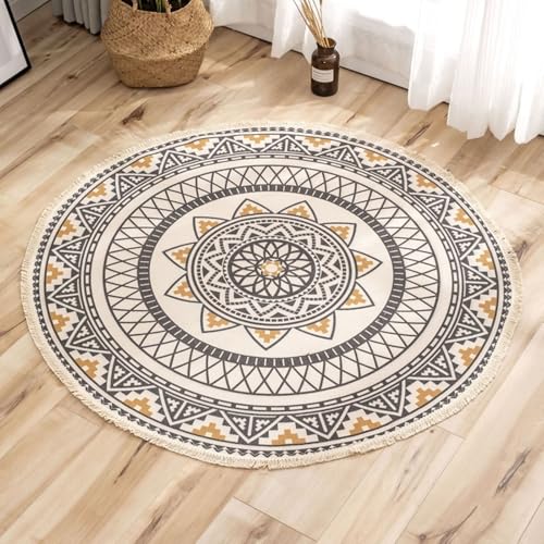 ANAZOZ Alfombra Moderna Habitación 120 cm de Algodón, Estampado de Estilo Étnico con Borlas, Gris Amarillo, Alfombra Lavable Antideslizante
