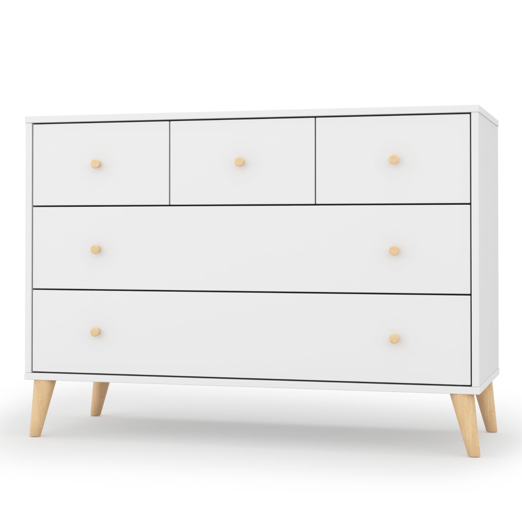 Cómoda dadada Austin de 5 cajones para guardería y dormitorio, diseño moderno, gran capacidad de almacenamiento, acabado seguro para bebés, seguridad antivuelco, patas de madera maciza, construcción duradera, blanco natural
