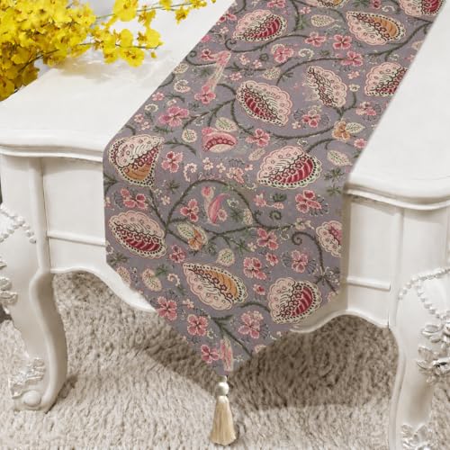 Image of COZY FURNISH Luxury Floral Printed Cotton Table Runner - 13x72 Inches Tassel Runner for Dining Table, Bed & Centre Table | Elegant Home Decor Accessories
