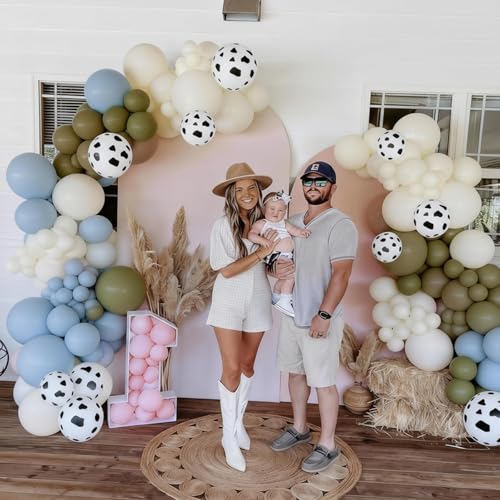 Image of Cow Print Balloons, 12 Inch Farm Animal Retro Dusty Blue Green Beige Black Sand White Nude Cow Latex Balloons for kid Cowboy My First Cowgirl Rodeo Baby Shower Farm Western Birthday Party Decorations