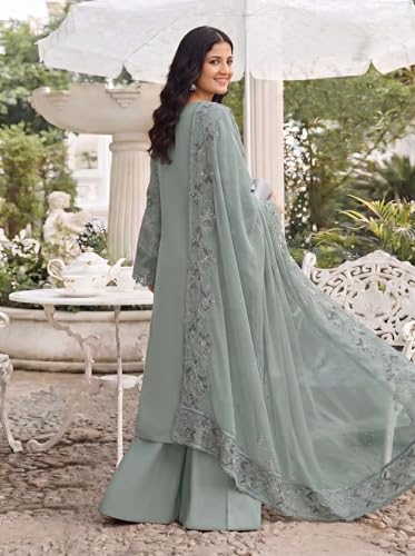 Image of RUDRAPRAYAG Women's Georgette Fabric Wih Embroidered Sequence Work And On Neck Moti Hand Work Semi Stitched Sharara Salwar Suit With Dupatta Set