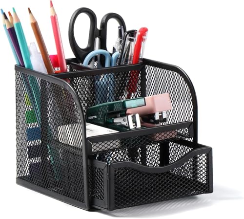 FORKLS Schreibtischorganizer Metallgitter Stiftehalter mit 4 Fächern & Ausziehbarer Schublade Kompakte Büroorganisation für Büro Zuhause & Schule