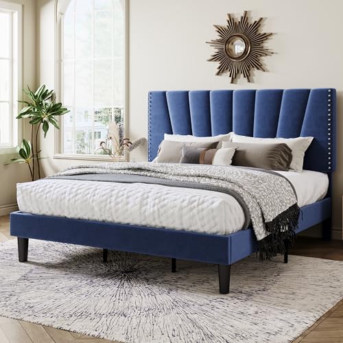 Image of Allewie King Size Velvet Platform Bed Frame with Adjustable Headboard, Blue | Height-Adjustable Velvet Headboard, Rivet-Style Nailhead Trim, Wooden Slat Support, No Box Spring Needed, Easy Assembly