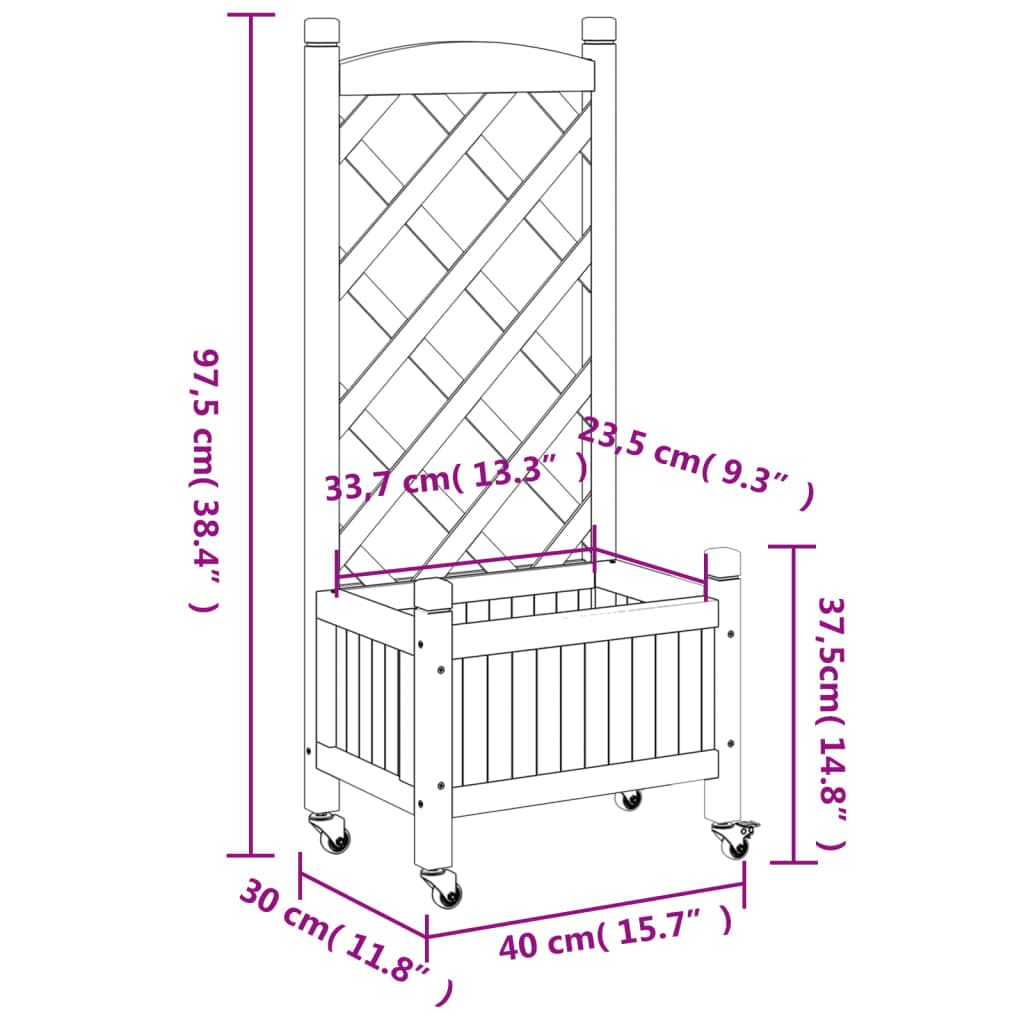 Jardinera de jardín con celosía, macetero rectangular, macetero alto con espaldera, jardinera de jardín gris, 40 x 30 x 97,5 cm, madera maciza de abeto, hierro