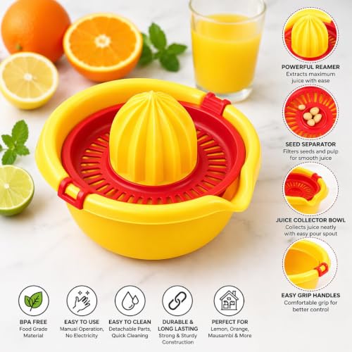 Image of Premium Manual Citrus Juicer with Strainer | Lemon Squeezer & Orange Juicer | Hand Press Juicer with Seed Separator & Juice Collector Bowl | Easy to Use Kitchen Tool (Orange)