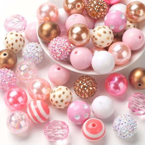 20mm Bubblegum Beads for Adult Crafts Making 50 PCS Beads Bulk Mix Colorful Chunk Bubble Gum Bead with Round Spacers Extender Chains Beading Cord for DIY Bag Chain Crafts Bracelets Necklaces