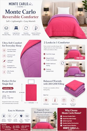 Image of Monte Carlo Polyester Comforter Single Bed | 200 GSM Lightweight & Reversible | Soft Quilt for Mild Winter | Easy Care All Season Comforter (Pink /Purple) | 59 x 87 Inches