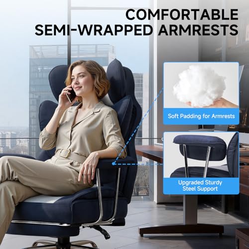 Image of GTPLAYER Gaming Chair,Office Chair with Pocket Spring Lumbar Support, Ergonomic Comfortable Wide Office Desk Computer Chair with Outward Fixed Soft Armrests and Footrest (Fabric, Dark Blue & White)