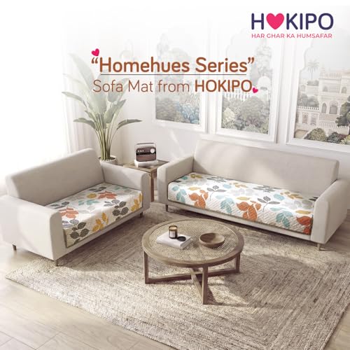 Image of HOKIPO 'Homehues Series' Printed Quilted Sofa Cover Mat for 5 Seater - (3+2), Multicolor Leaves (IN-807 + IN-809 - D2)