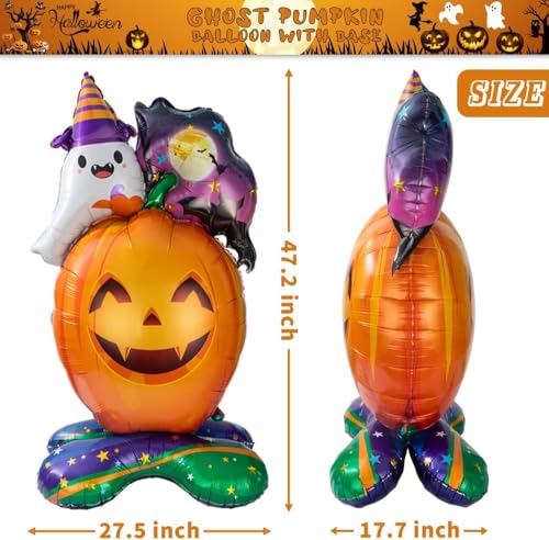 Image of AMFIN (Pack of 1) Self-Standing Halloween Ghost Pumpkin Foil Balloon with Base - 47 Inch Giant Inflatable Pumpkin Balloon with Ghost & Haunted House - Multicolour