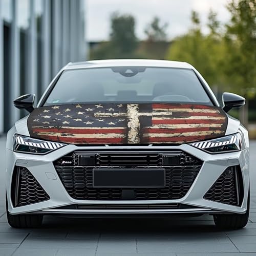 Image of Cross Car Hood Cover Patriotic American Flag Car Front Hood Cover with Elastic Band Universal Car Bonnet Banner Auto Accessory Universal Fit for Most Cars Sedans, 4th of July