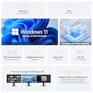 DreamQuest Q5 Mini PC W-11 Pro [DDR5 Haut débit], 12ème N95 (Jusqu'à 3,4 GHz), Mini Desktop Computer 12Go DDR5 512Go SSD M.2 Compatible USB C