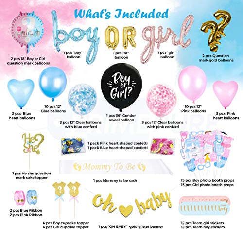 Baby Gender Reveal Party Supplies and Decorations (111 Piece Premium Kit) Pink and Blue Balloons, 36 inch Gender Reveal Balloon, Boy or Girl Banner | Great with Smoke Bombs and Confetti Cannon
