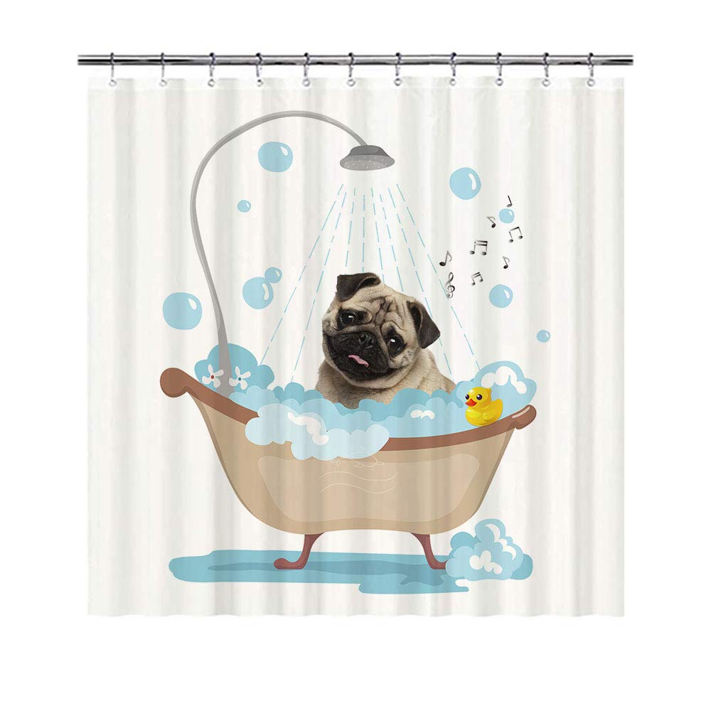 BAGEYOU Funny Dog Pug in Bath Shower Curtains Cute Puppy Taking A Shower Waterproof Polyester Fabric Bathroom Curtain 72 x 80 Inch, With 12 Hooks