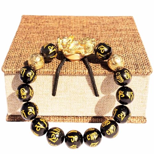 Feng Shui Bracelet 24k Gold Plated PiXiu, Obsidian PiXiu Wealth Bracelet Dragon Protection, Mantra Prayer Beads Bracelets Can Bring Good Luck, Wealth and Health for Men Women