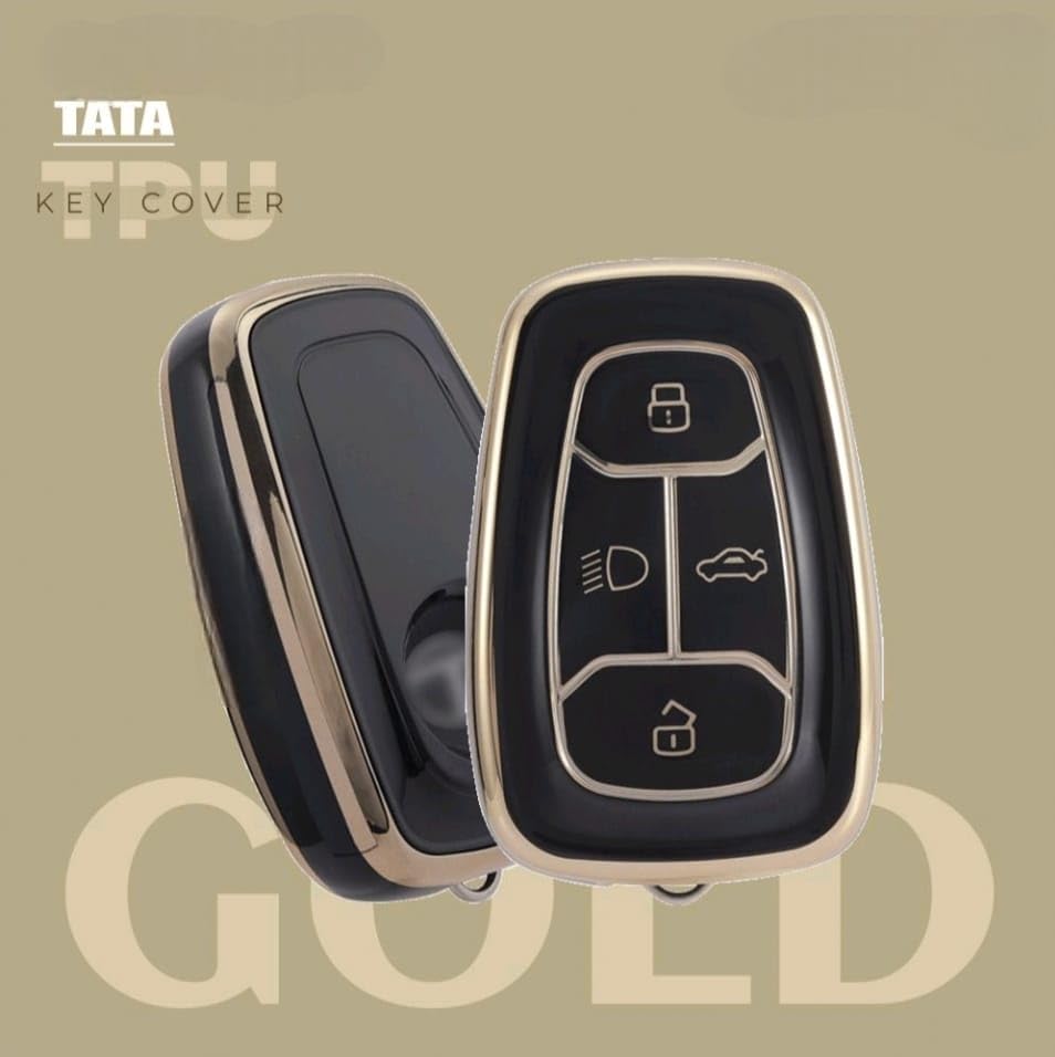 Image of TPU Car Key Cover Black & Golden Compatible for TATA Nexon, Punch, Altroz, Tigor, Harrier, Safari, Gravitas (TATA, 4 Button Push Smart Key)