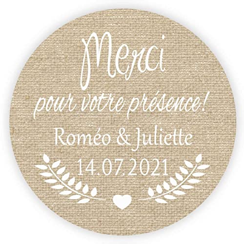 MameArt 50 STICKERS Autocollants Personnalisée Mariage, Merci pour votre présence, Prénom et Date, 4 cm Étiquettes Autocollants pour Mariage Anniversaire Ans Baptême Cadeaux Fête (Lin) Cover