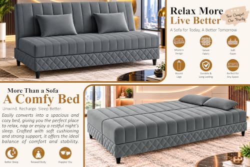 Image of 3-Seater Velvet Sofa Cum Bed | Tufted Convertible Sleeper Sofa | Plush Cushioned Seating | Space-Saving Design for Living Room, Bedroom & Office | Grey