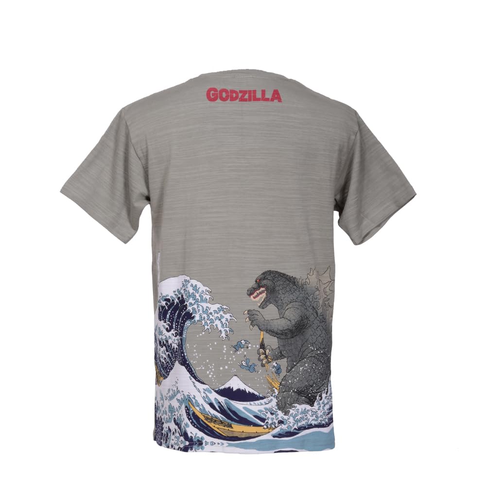 Godzilla T-Shirt Thirty-six Views of Mt. Fuji Hokusai Gray, Gray, Large