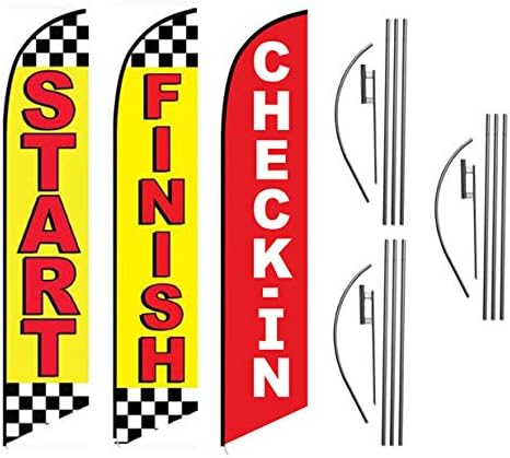 Start Finish and Check-in Advertising Package of 3 Feather Banner Swooper Flag Kits with Ground Spikes, for Marathons and Special Events