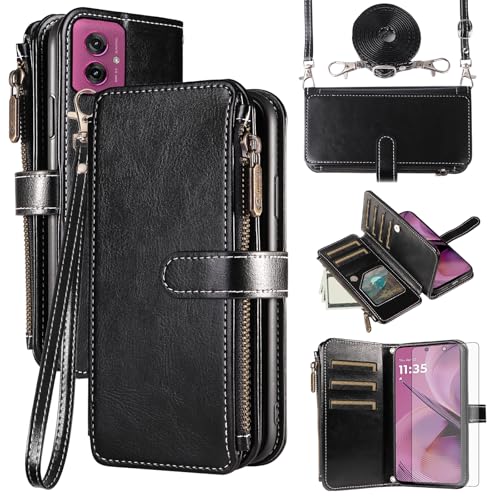 Housse Moto G55 5G portefeuille en cuir noir avec chaine bandouliere femme