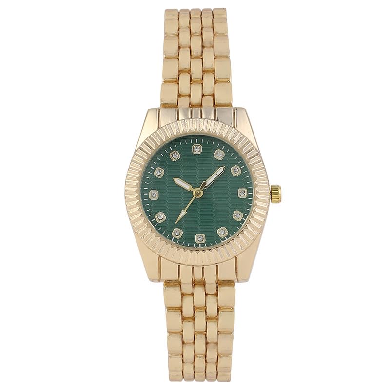 Image of Haute Sauce Women's The Ribbed H-Link Round Watch | California Gold Stainless Steel Strap | Emerald Green Dial | One-Size | Foldover Closure | Quartz | Analogue | Wrist Belt Watch for Female & Girls